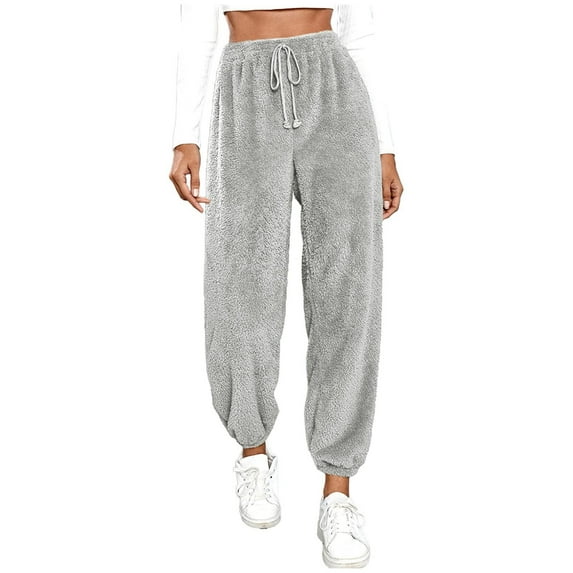 RQYYD Womens Drawstring Fuzzy Fleece Pants Plus Size Winter Warm Thicken Jogger Athletic Sweatpants for Ladies Comfy Soft Plush Pajama Pants Silver 5XL