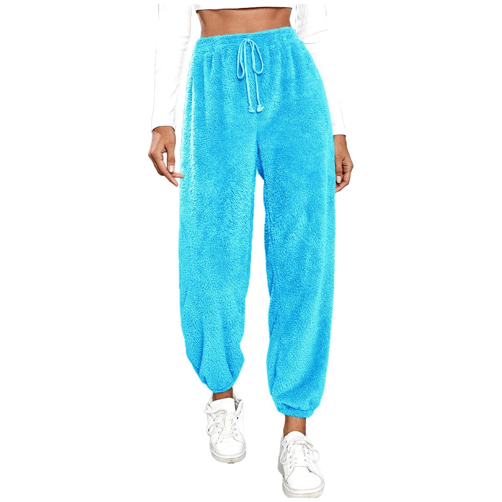 RQYYD Womens Drawstring Fuzzy Fleece Pants Plus Size Winter Warm Thicken Jogger Athletic Sweatpants for Ladies Comfy Soft Plush Pajama Pants Blue 3XL Walmart