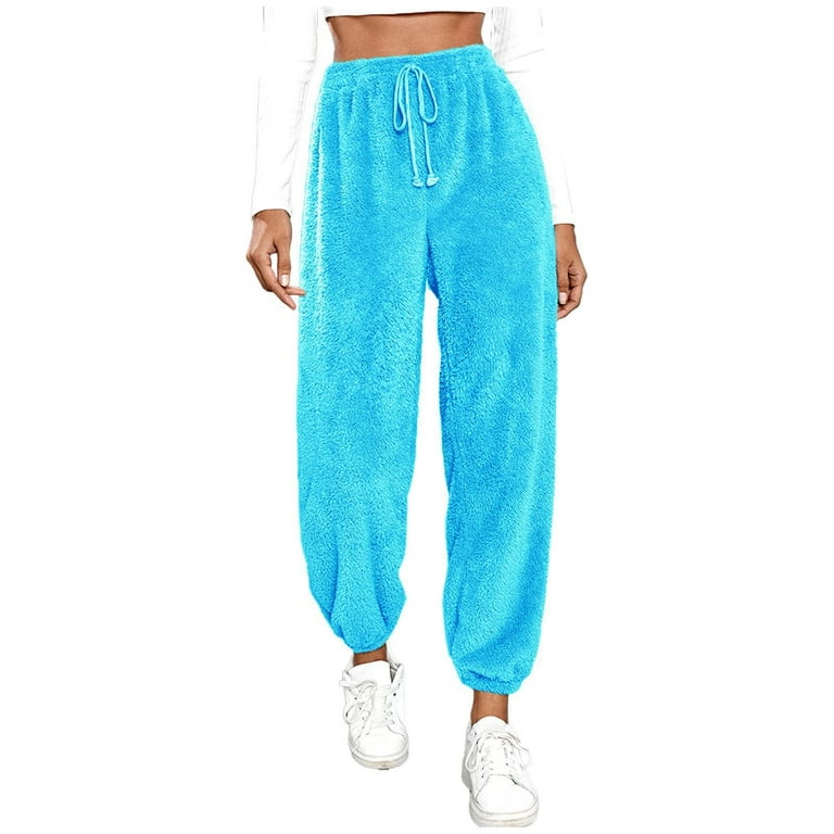 RQYYD Womens Drawstring Fuzzy Fleece Pants Plus Size Winter Warm Thicken  Jogger Athletic Sweatpants for Ladies Comfy Soft Plush Pajama Pants Blue 4XL