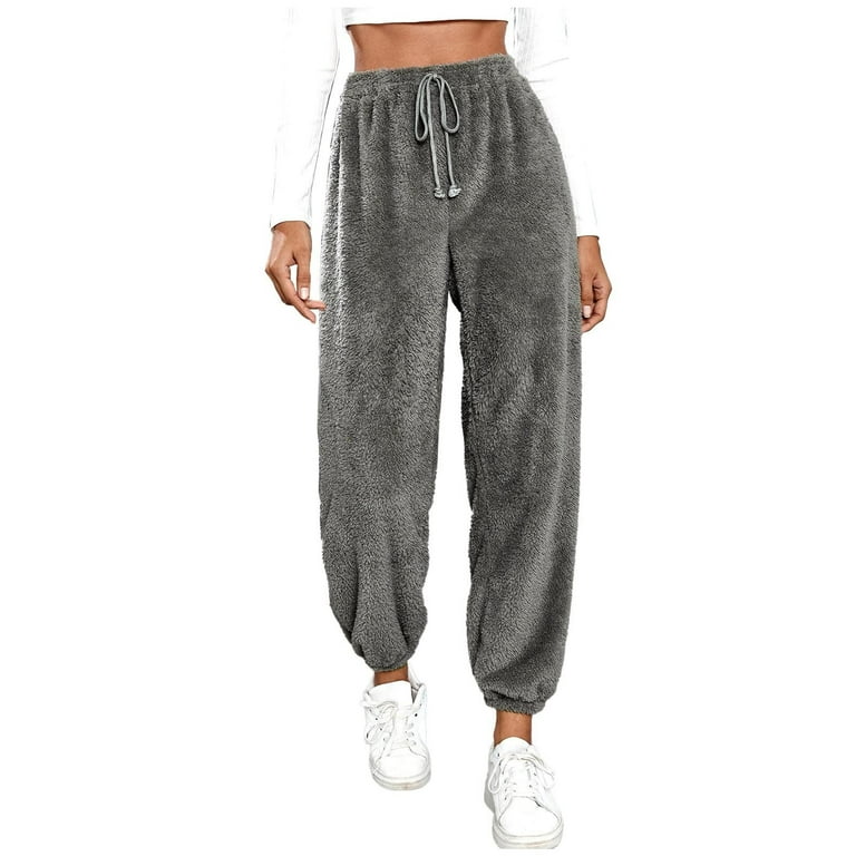 RQYYD Womens Drawstring Fuzzy Fleece Pants Plus Size Winter Warm Thicken  Jogger Athletic Sweatpants for Ladies Comfy Soft Plush Pajama Pants Gray L