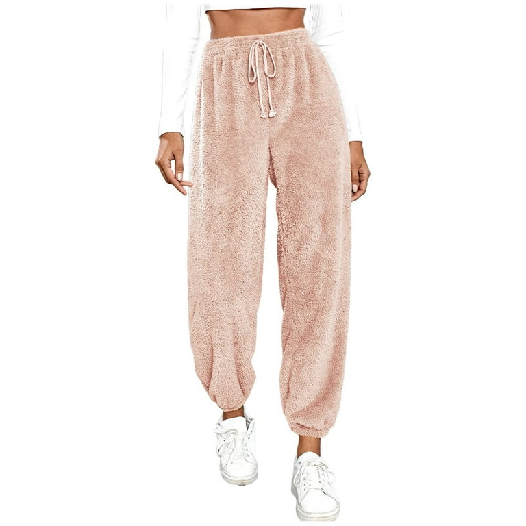RQYYD Womens Drawstring Fuzzy Fleece Pants Plus Size Winter Warm Thicken  Jogger Athletic Sweatpants for Ladies Comfy Soft Plush Pajama Pants Pink  XXL 