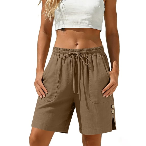 RQYYD Womens Drawstring Waist Linen Bermuda Shorts Loose Fit Casual Summer Shorts with Pockets