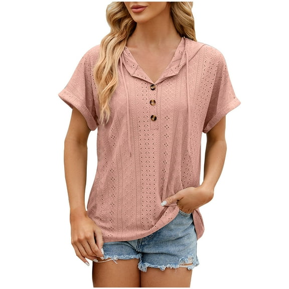 RQYYD Womens Dressy Casual Tops V Neck Button Hooded Blouses Pleated Puff Sleeve Summer Shirts 2024