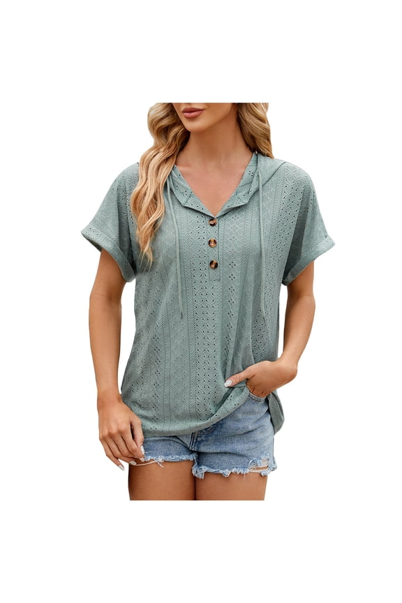 Womens Dressy Casual Tops V Neck Button Hooded Blouses Pleated Puff Sleeve Summer Shirts 2024
