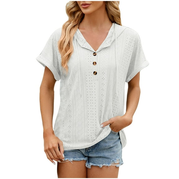 RQYYD Womens Dressy Casual Tops V Neck Button Hooded Blouses Pleated Puff Sleeve Summer Shirts 2024