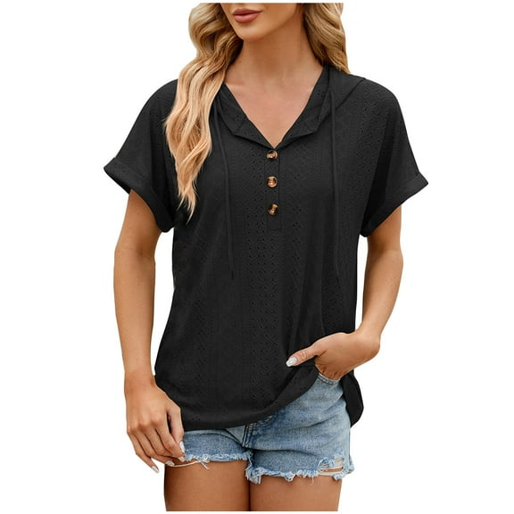 RQYYD Womens Dressy Casual Tops V Neck Button Hooded Blouses Pleated Puff Sleeve Summer Shirts 2024