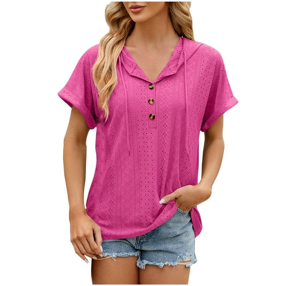RQYYD Womens Dressy Casual Tops V Neck Button Hooded Blouses Pleated Puff Sleeve Summer Shirts 2024