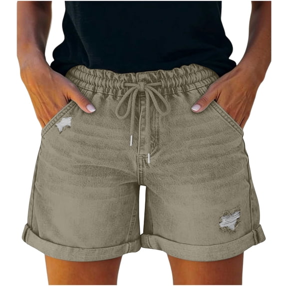 RQYYD Womens Elastic Waist Distressed Denim Shorts Drawstring Ripped Jean Shorts with Pockets for Summer