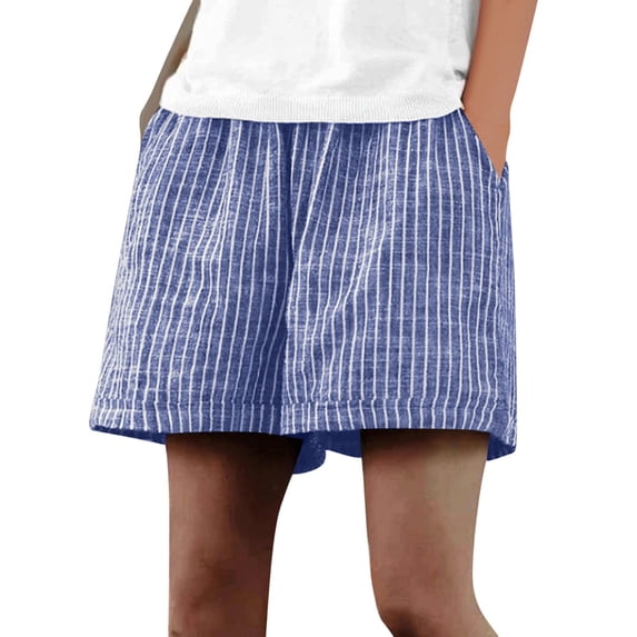 RQYYD Womens Elastic Waist Striped Linen Shorts Loose Fit Casual Summer Shorts with Pockets for Daily Wear