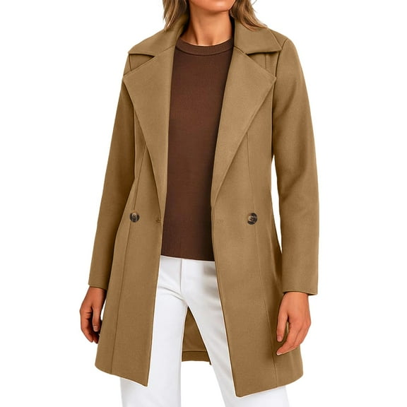 RQYYD Womens Elegant Double Breasted Coat Long Sleeve Mid Winter Overcoat Work Office Pea Coats
