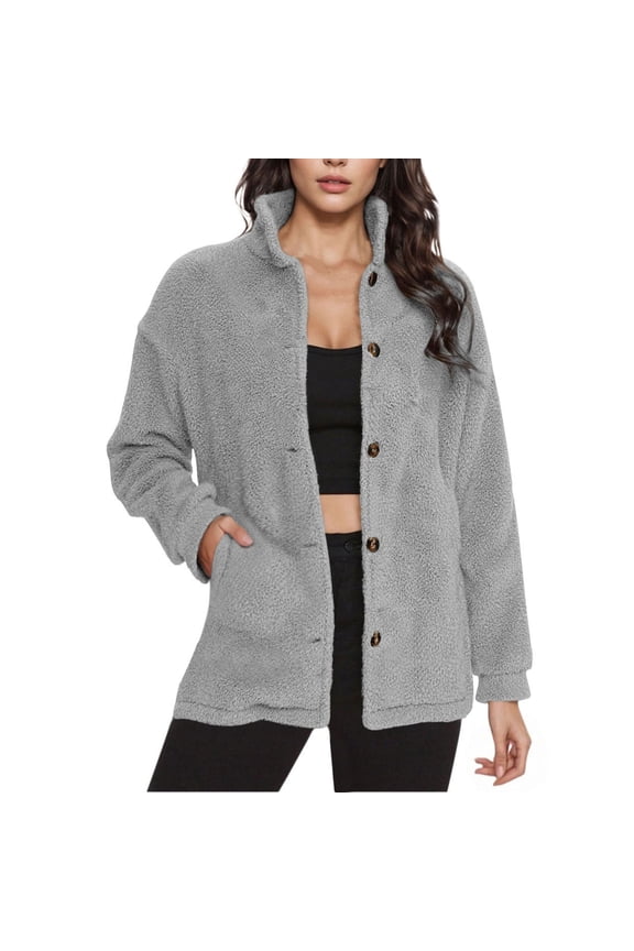 Womens Fleece Jacket Casual Long Sleeve Cropped Sherpa Button Down Fuzzy Warm Coats Fall Outwear With Pockets