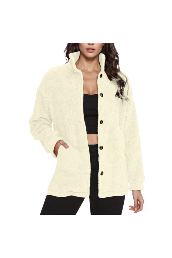 Womens Fleece Jacket Casual Long Sleeve Cropped Sherpa Button Down Fuzzy Warm Coats Fall Outwear With Pockets