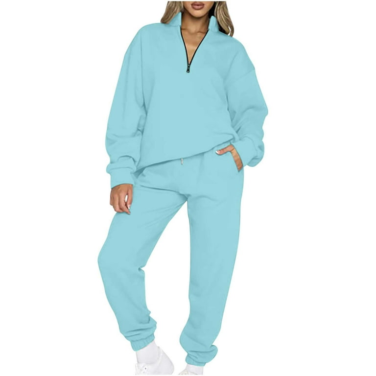 RQYYD Womens Half Zip Pullover Long Sleeve Drawstring Sweatshirt Jogger  Pants Lounge Sets Solid 2 Piece Outfits Sweatsuit with Pockets Blue XL