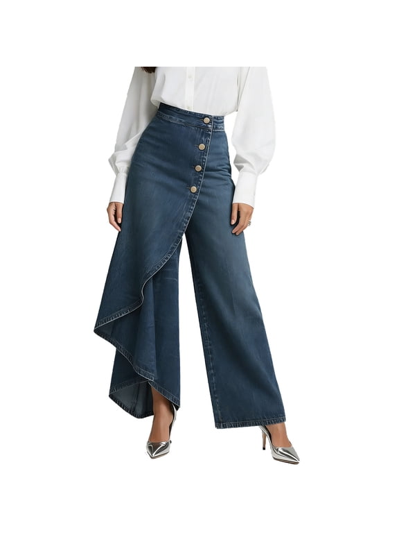 Womens High Waisted Asymmetrical Denim Skirt Pants Button Fly Wide Leg Jeans for Party