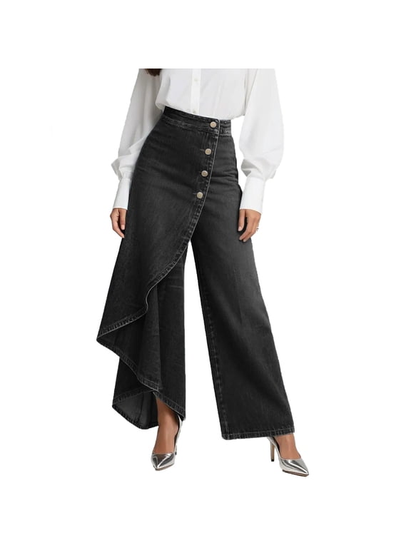 Womens High Waisted Asymmetrical Denim Skirt Pants Button Fly Wide Leg Jeans for Party