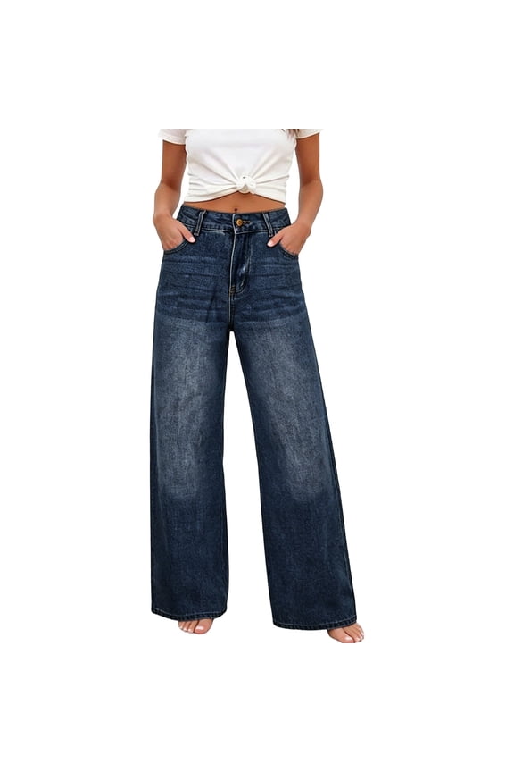 Womens High Waisted Button Fly Wide Leg Jeans Stretchy Flared Denim Pants for Summer Daily