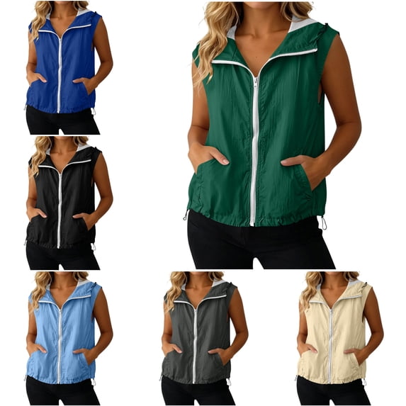 RQYYD Womens Hooded Running Vest Zip Up Sleeveless Lightweight Outdoor Windbreaker with Pockets