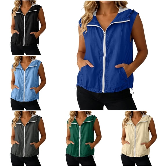 RQYYD Womens Hooded Running Vest Zip Up Sleeveless Lightweight Outdoor Windbreaker with Pockets