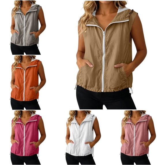 RQYYD Womens Hooded Running Vest Zip Up Sleeveless Lightweight Outdoor Windbreaker with Pockets