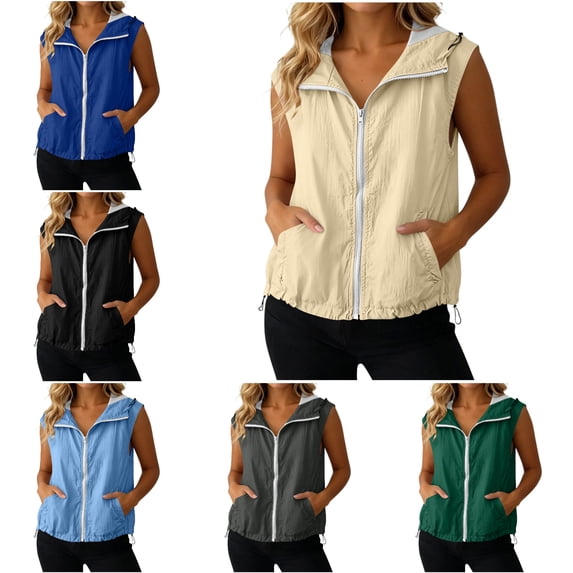 RQYYD Womens Hooded Running Vest Zip Up Sleeveless Lightweight Outdoor Windbreaker with Pockets