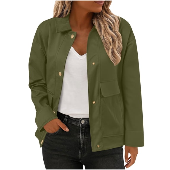RQYYD Womens Jacket Fall Winter Long Sleeve Stand Collar Button Down Shacket with Side Pocket Lightweight Coat