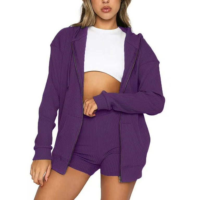 RQYYD Womens Knit Cardigan Zip Up Ribbled Lounge Set Cardigan 2 Piece Hooded Loungewear with Short Sets Two Pockets Purple XXL
