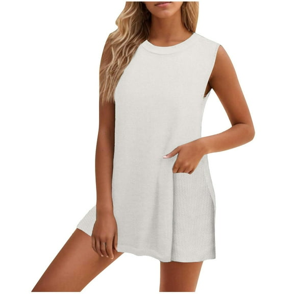 RQYYD Womens Knit Pajamas Sets 2 Piece Outfits Casual Sleeveless Sweater Tank Top Shorts Loungewear Lounge Sets Knit Sets Two Piece for Women