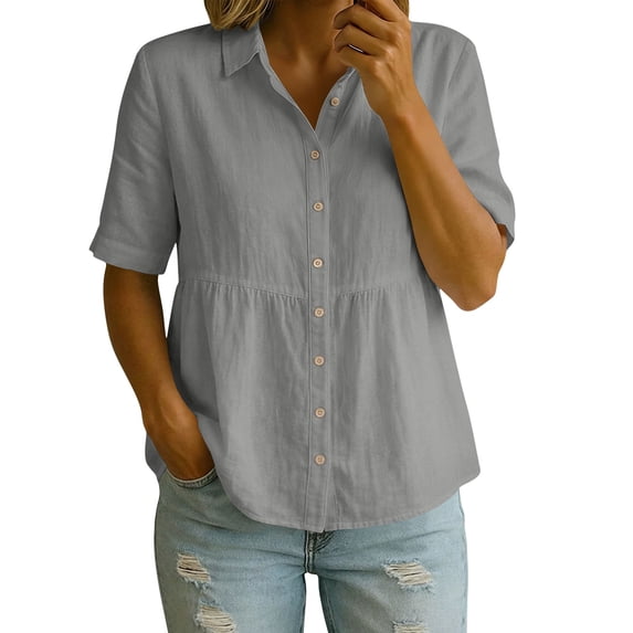 RQYYD Womens Linen Blend Short Sleeve Collared Button Down Tops Casual Ruched Summer Blouses for Daily Wear