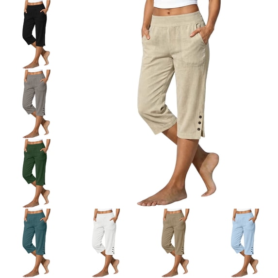 RQYYD Womens Linen Capri Pants High Waist Summer Casual Cropped Trousers with Side Buttons Loose Beach Pants with Pockets
