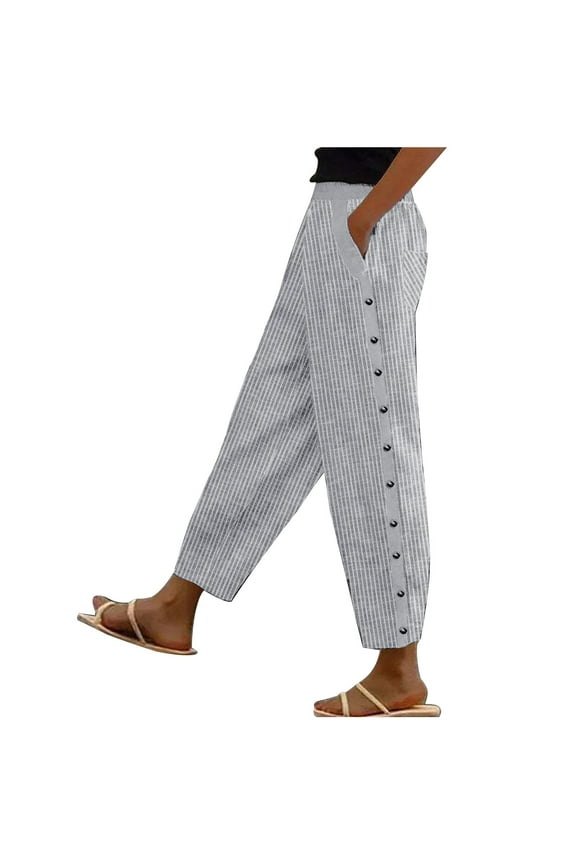 Womens Linen Pants Straight Leg Stripe Print Side Button Down Casual Pants High Waist Lightweight Loose Trousers with Pocket