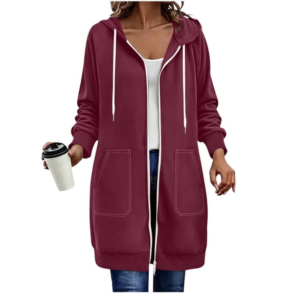 RQYYD Womens Long Hoodie Zip Up Long Sleeve Drawstring Hooded Sweatshirt Jacket Knee Length Coat With Pockets
