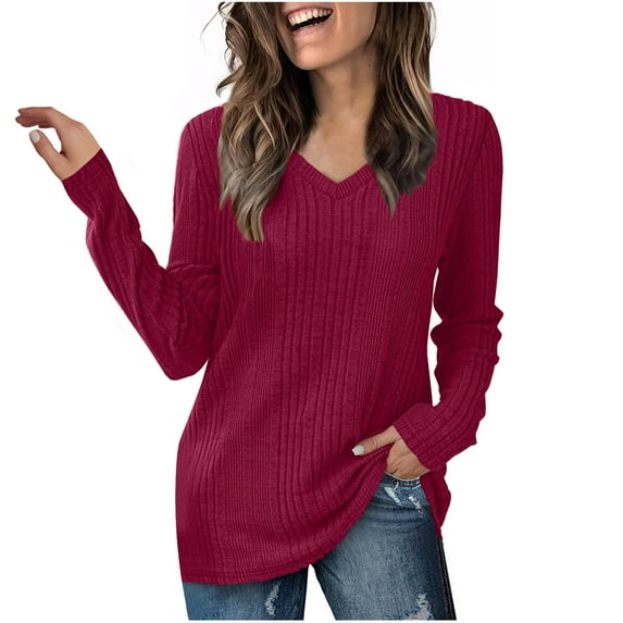 RQYYD Womens Long Sleeve Tops V Neck Shirts Lightweight Tunic Sweaters Fashion 2024