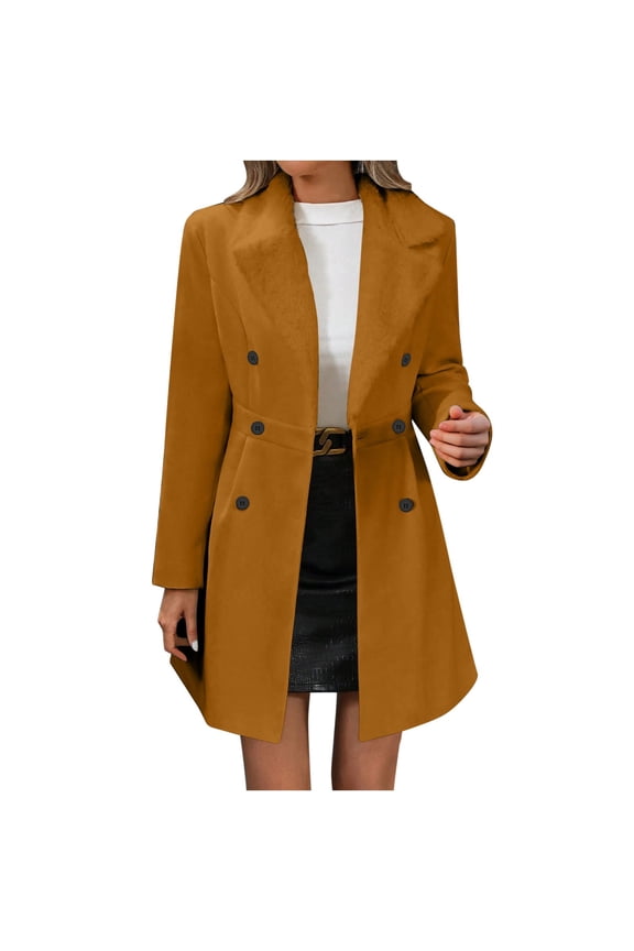 Womens Notched Lapel Collar Double Breasted Pea Coat Winter Wool Blend Over Coats Long Jackets
