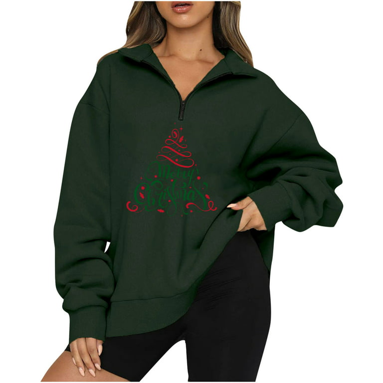 RQYYD Womens Oversized Half Zip Pullover Christmas Tree Graphic Long Sleeve Sweatshirt  Quarter Zip Hoodie Sweater Teen Girls Fall Y2K Clothes 
