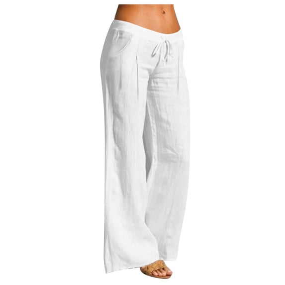 RQYYD Womens Palazzo Pants Casual Drawstring Flowy Pants Wide Leg Summer Beach Linen Trousers with Pockets