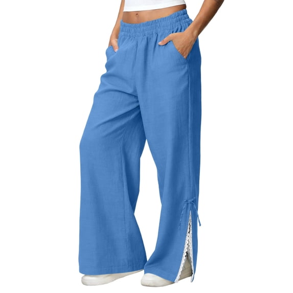 RQYYD Womens Palazzo Pants Cotton Linen Drawstring High Waist Spring Summer Pants Split Hem Boho Beach Lounge Trousers