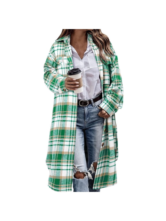 Womens Plaid Shacket Jacket Long Corduroy Shirt Casual Lapel Button Down Flannel Trench Coats
