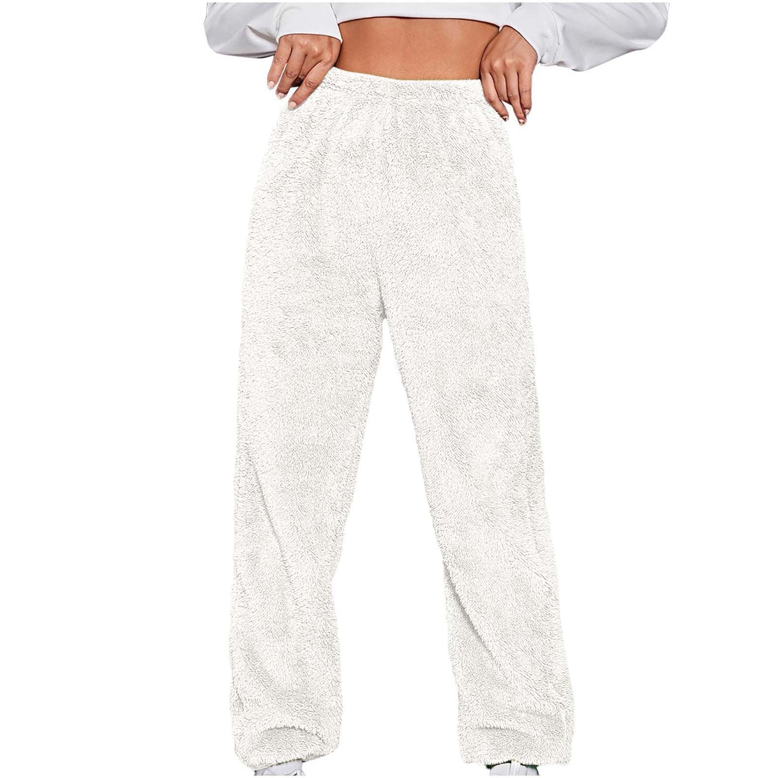 RQYYD Womens Plus Size Fuzzy Fleece Pants Winter Warm Thicken Jogger  Athletic Sweatpants for Ladies Comfy Soft Plush Pajama Pants White L