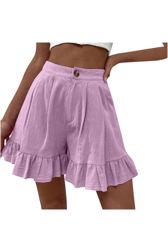 Womens Plus Size Ruffle Hem Shorts Solid Casual Summer Cotton Linen Comfy Button High Waist Wide Leg Flowy Shorts Pink XL