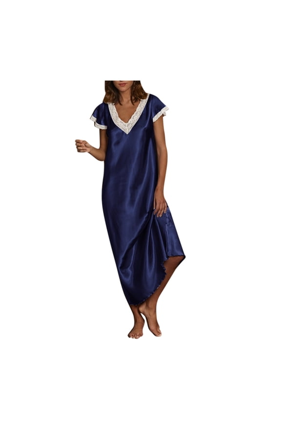 Womens Plus Size Silk Satin Long Sleep Dress Soft Short Sleeve V Neck Lace Trim Sleepwear Night Dressing Pajamas Homewear(Navy,M)
