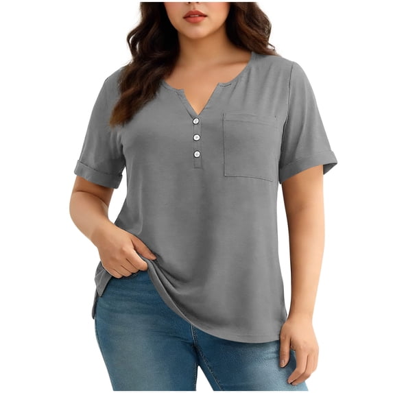 RQYYD Womens Plus Size Tops V Neck Button Down Tshirts Short Sleeve Dressy Casual Tunic Blouses Summer Outfits