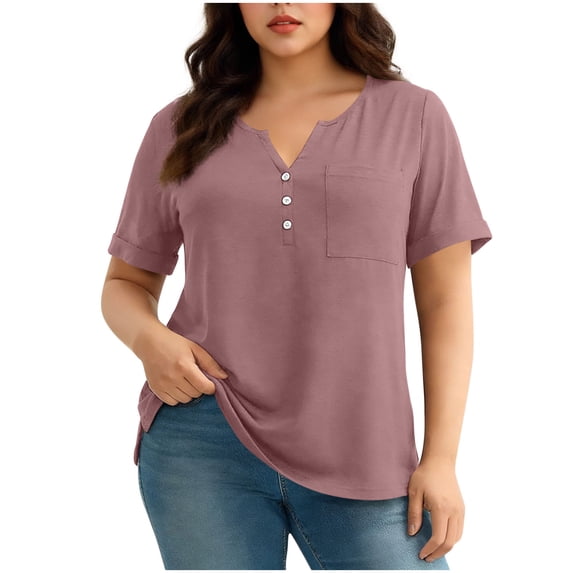 RQYYD Womens Plus Size Tops V Neck Button Down Tshirts Short Sleeve Dressy Casual Tunic Blouses Summer Outfits