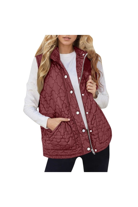 Womens Puffer Vest Lightweight Stand Collar Sleeveless Quilted Jackets Button Fall Spring Zip Up Coat Outerwear
