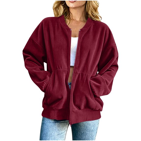 RQYYD Womens Ribbed Knit Bomber Jacket Zip Up Long Sleeve Casual Lightweight Varsity Flight Coat With Pockets Outerwear
