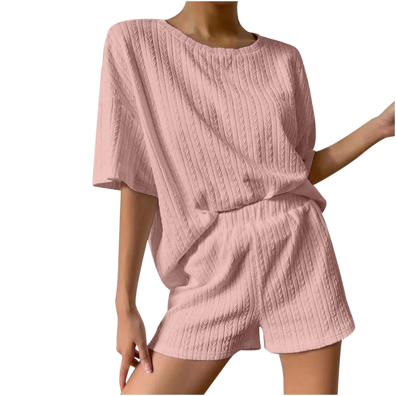 RQYYD Womens Ribbed Knit Lounge Set Short Sleeve Top and Shorts