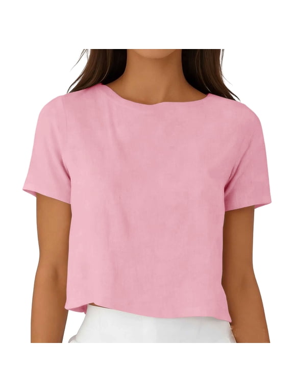 Womens Round Neck Short Sleeve Cropped Blouse Casual Loose Fit Top for Summer Daily Wear