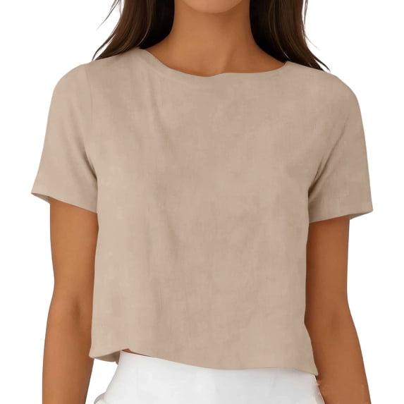 RQYYD Womens Round Neck Short Sleeve Cropped Blouse Casual Loose Fit Top for Summer Daily Wear