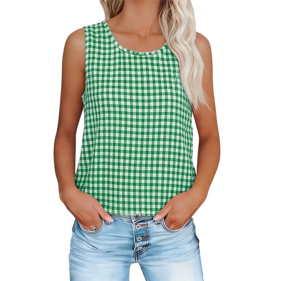 RQYYD Womens Round Neck Sleeveless Gingham Tank Top Casual Loose Fit Blouse for Summer Daily Wear