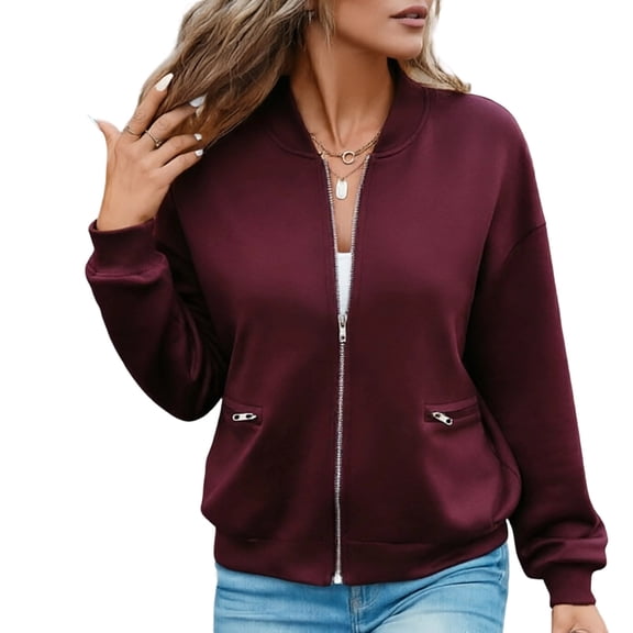 RQYYD Womens Satin Bomber Jacket Zip Up Long Sleeve Casual Lightweight Varsity Flight Coat With Pockets Outerwear