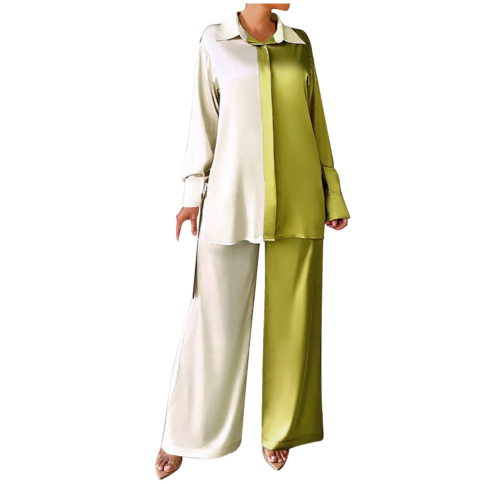 Green Satin Two-Piece Wide Leg Pant Set